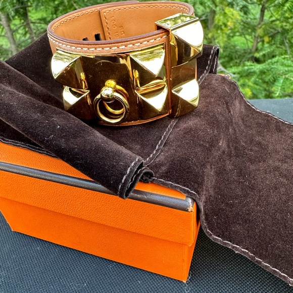 🆒 Authentic Hermès Collier De Chien Cuff Bracelet gold plated hardware leather - Picture 4 of 16
